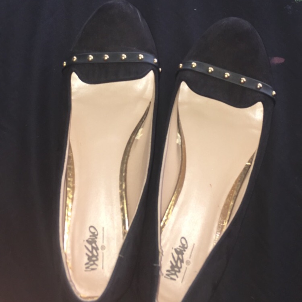 black, gold studded flats